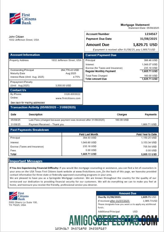 Extrato de hipoteca do Texas First Citizens Bank dos EUA em formatos Word e PDF baixar para verificação